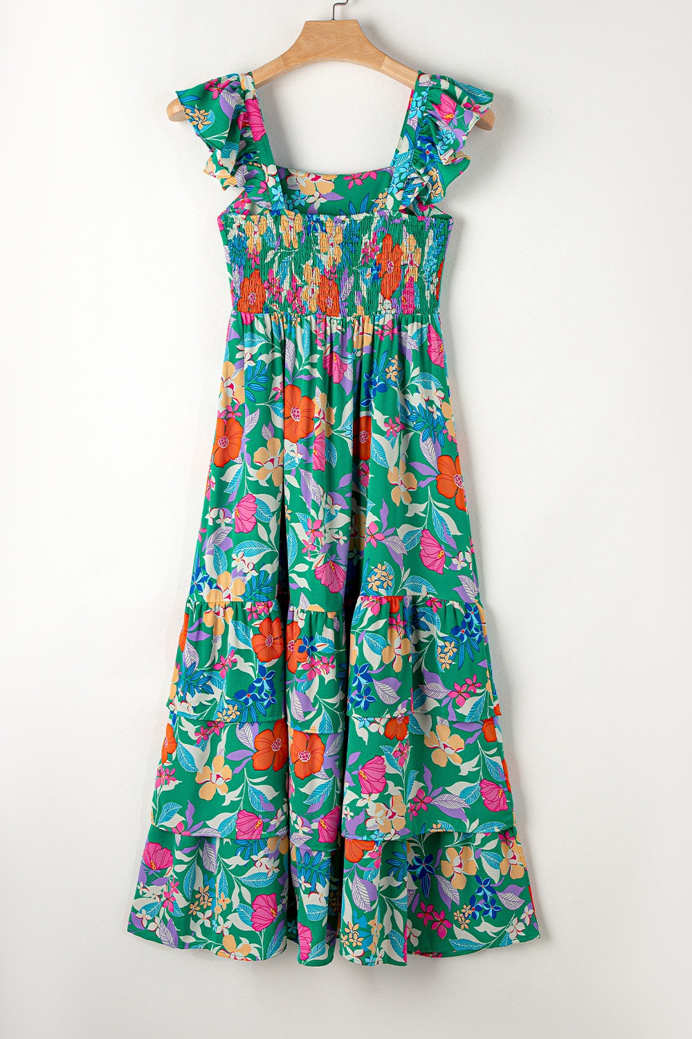 Serenity Tiered Ruffled Printed Sleeveless Dress.