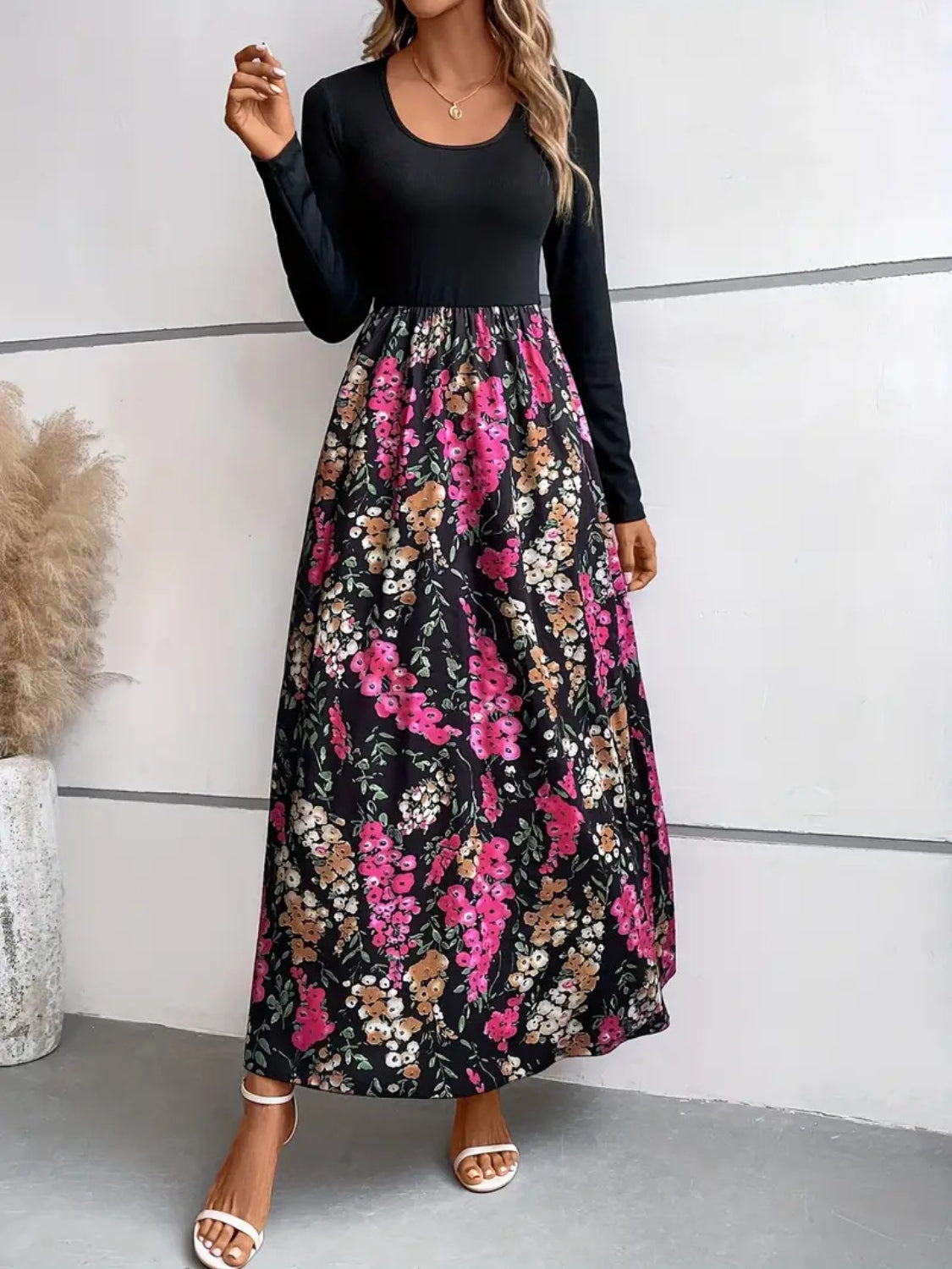 Serenity Floral Round Neck Long Sleeve Maxi Dress