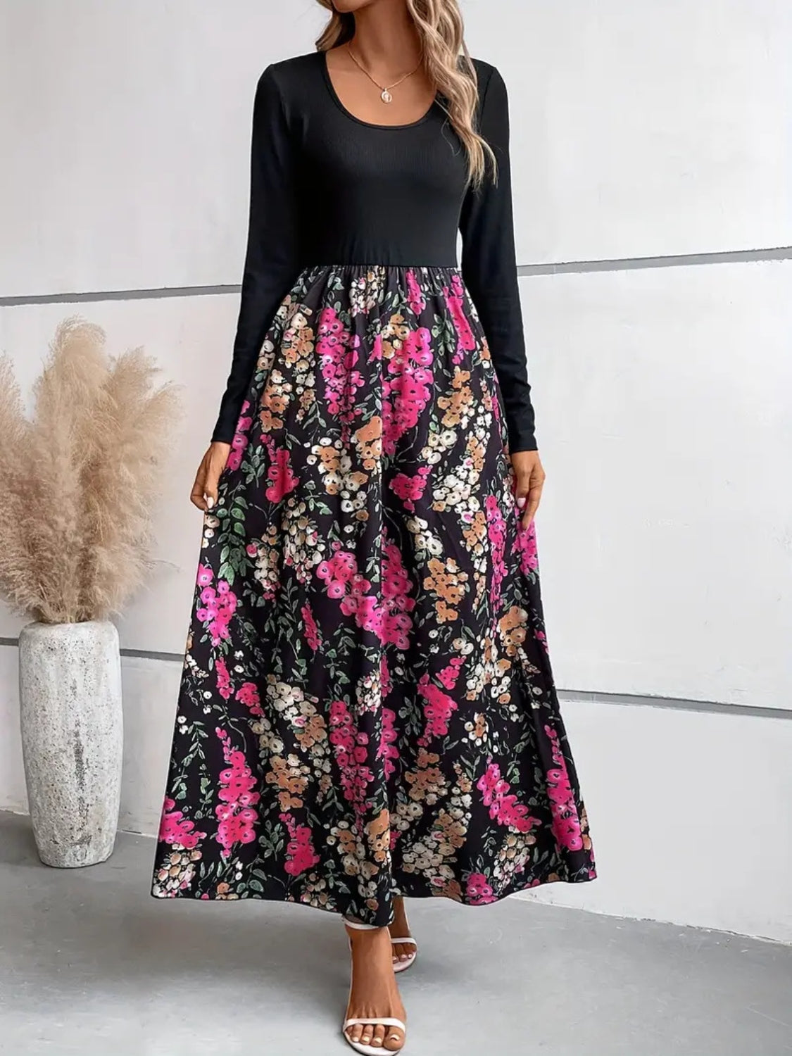 Serenity Floral Round Neck Long Sleeve Maxi Dress.