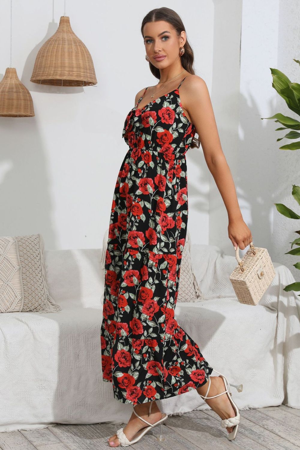 Serenity Rose Print Spaghetti Strap Sweetheart Neck Dress