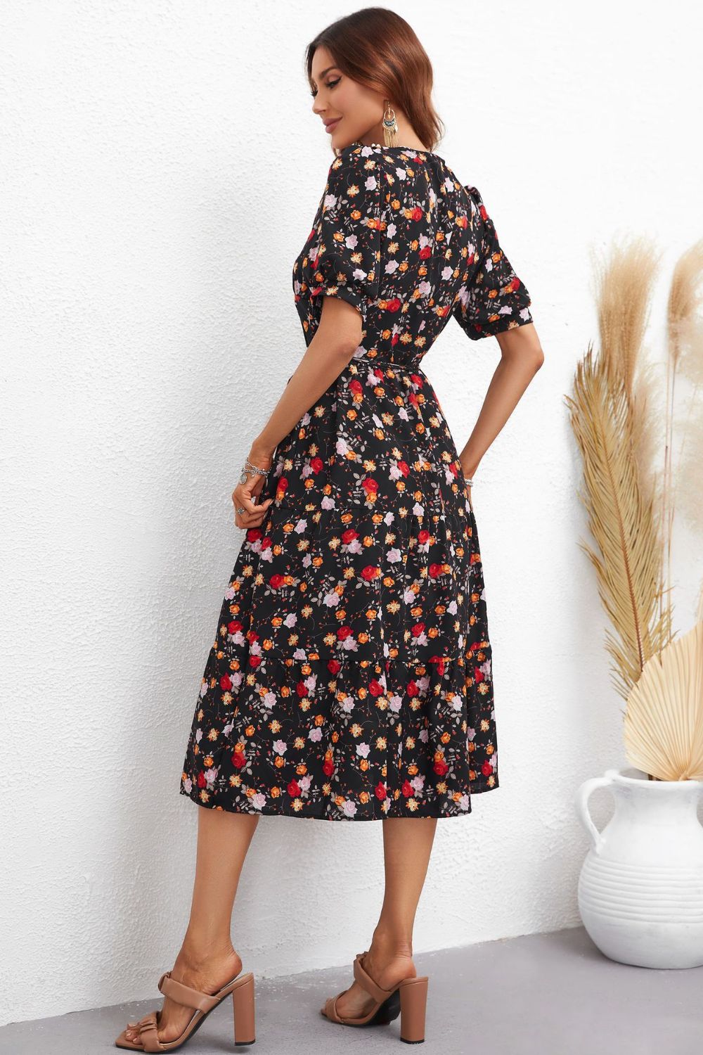 Serenity Honey Floral Collared Neck Puff Sleeve Dress