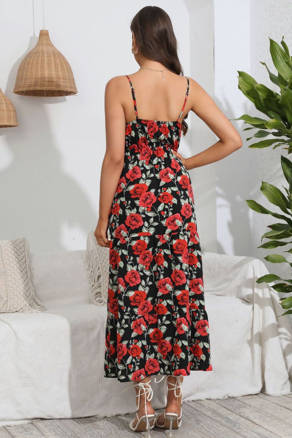 Serenity Rose Print Spaghetti Strap Sweetheart Neck Dress.