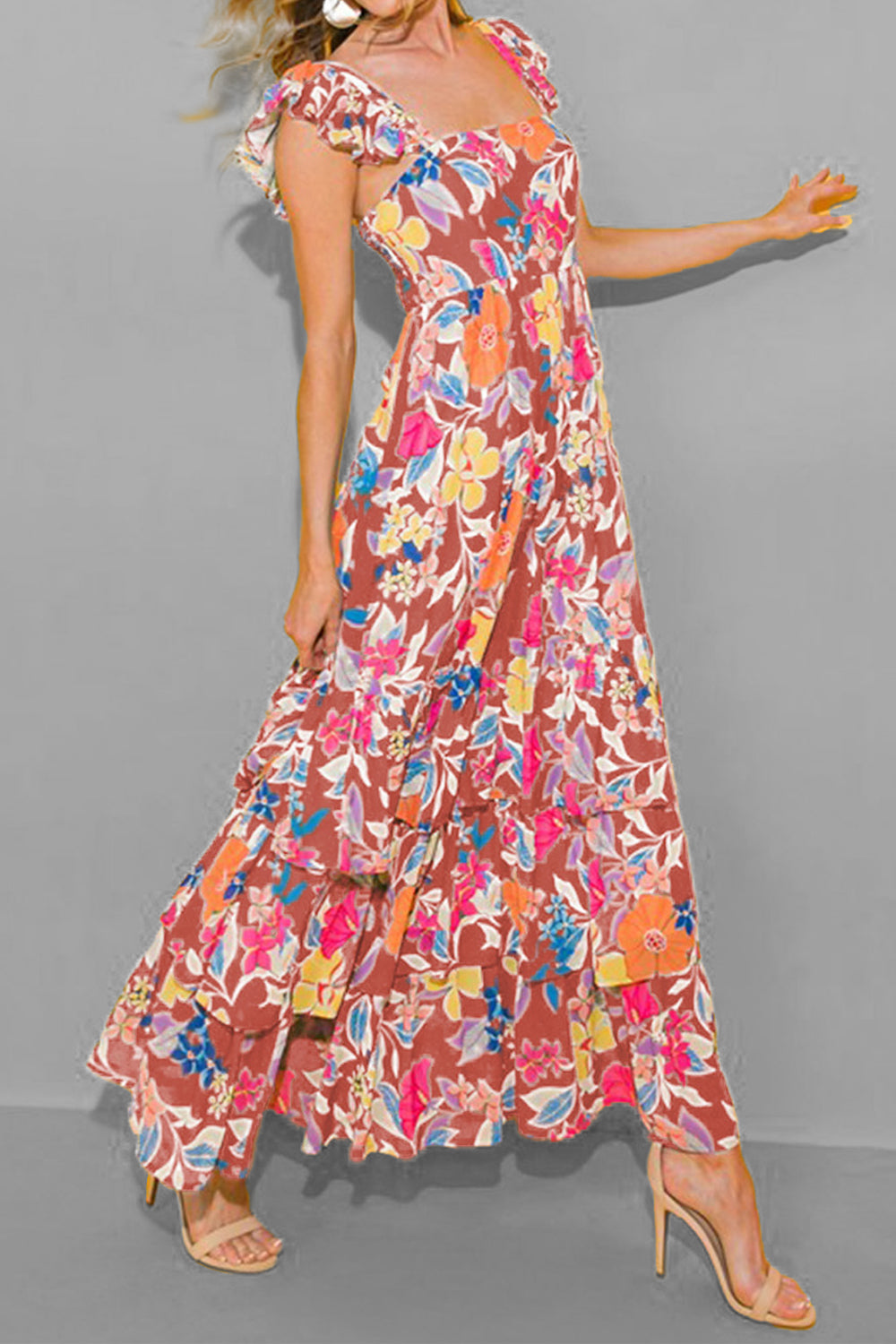 Serenity Tiered Ruffled Printed Sleeveless Dress.