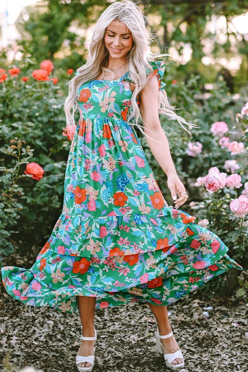 Serenity Tiered Ruffled Printed Sleeveless Dress.