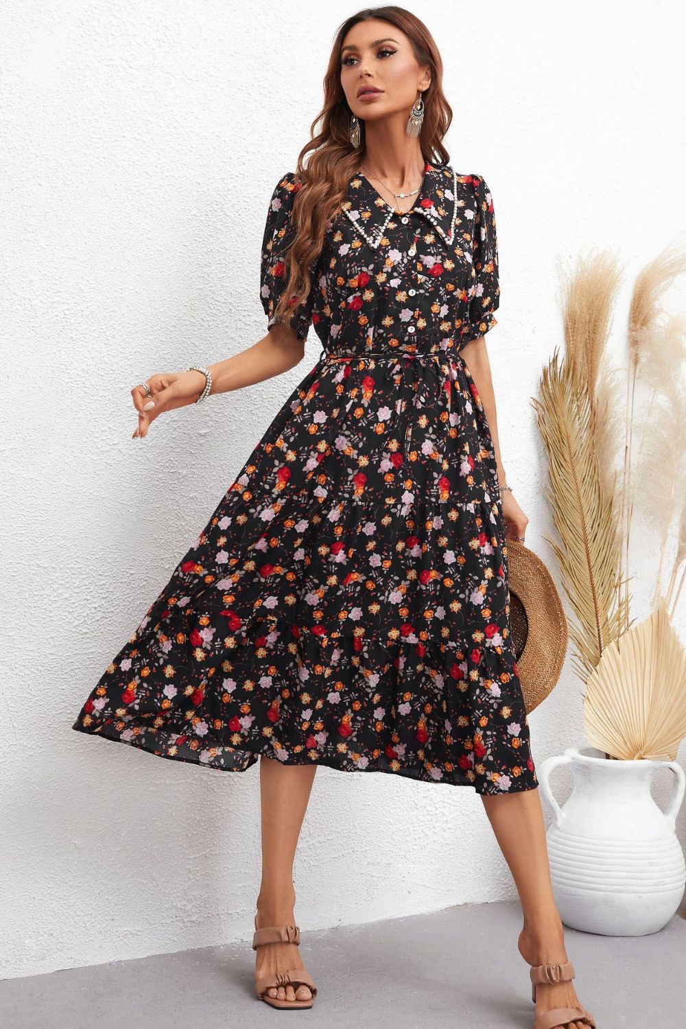 Serenity Honey Floral Collared Neck Puff Sleeve Dress