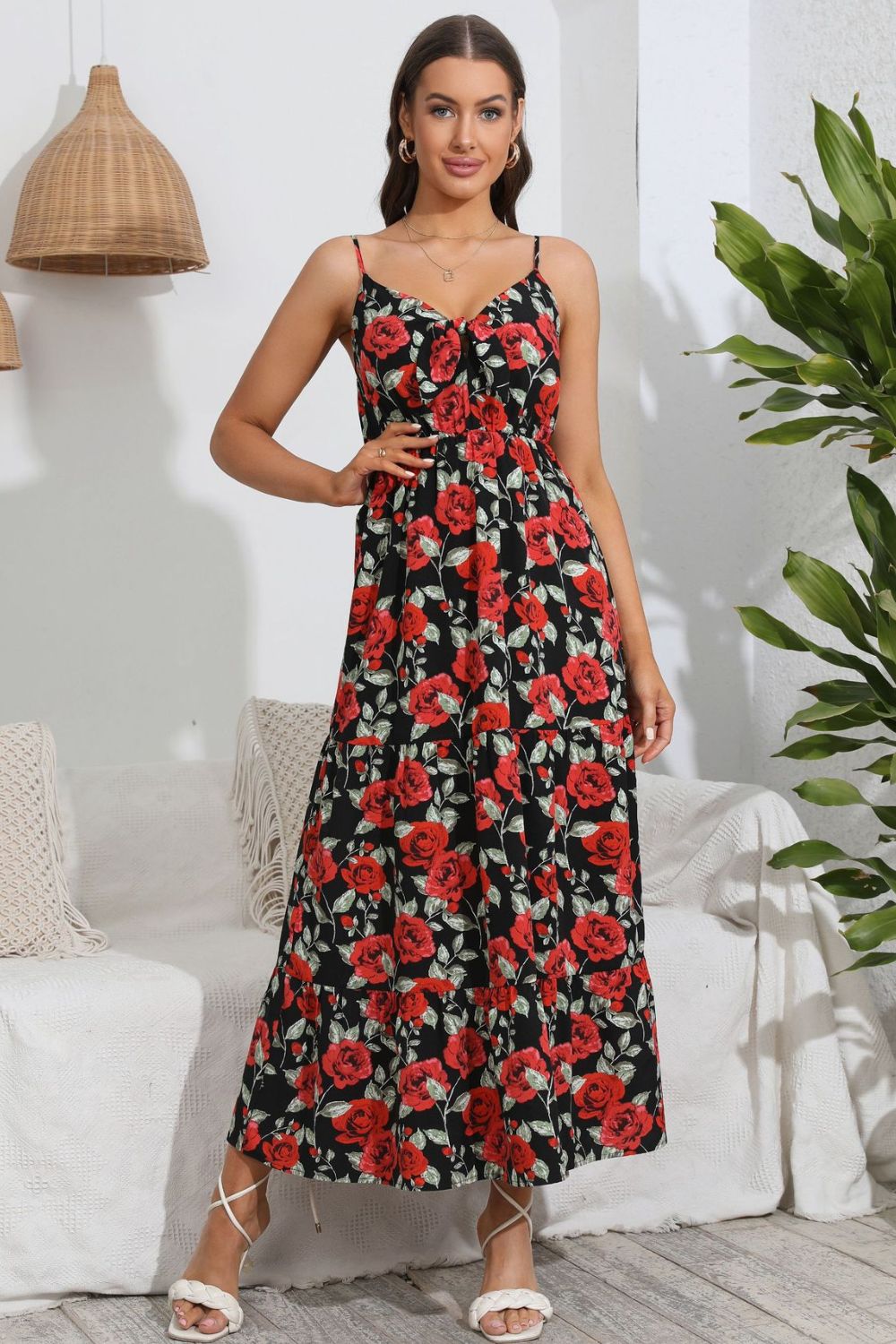 Serenity Rose Print Spaghetti Strap Sweetheart Neck Dress