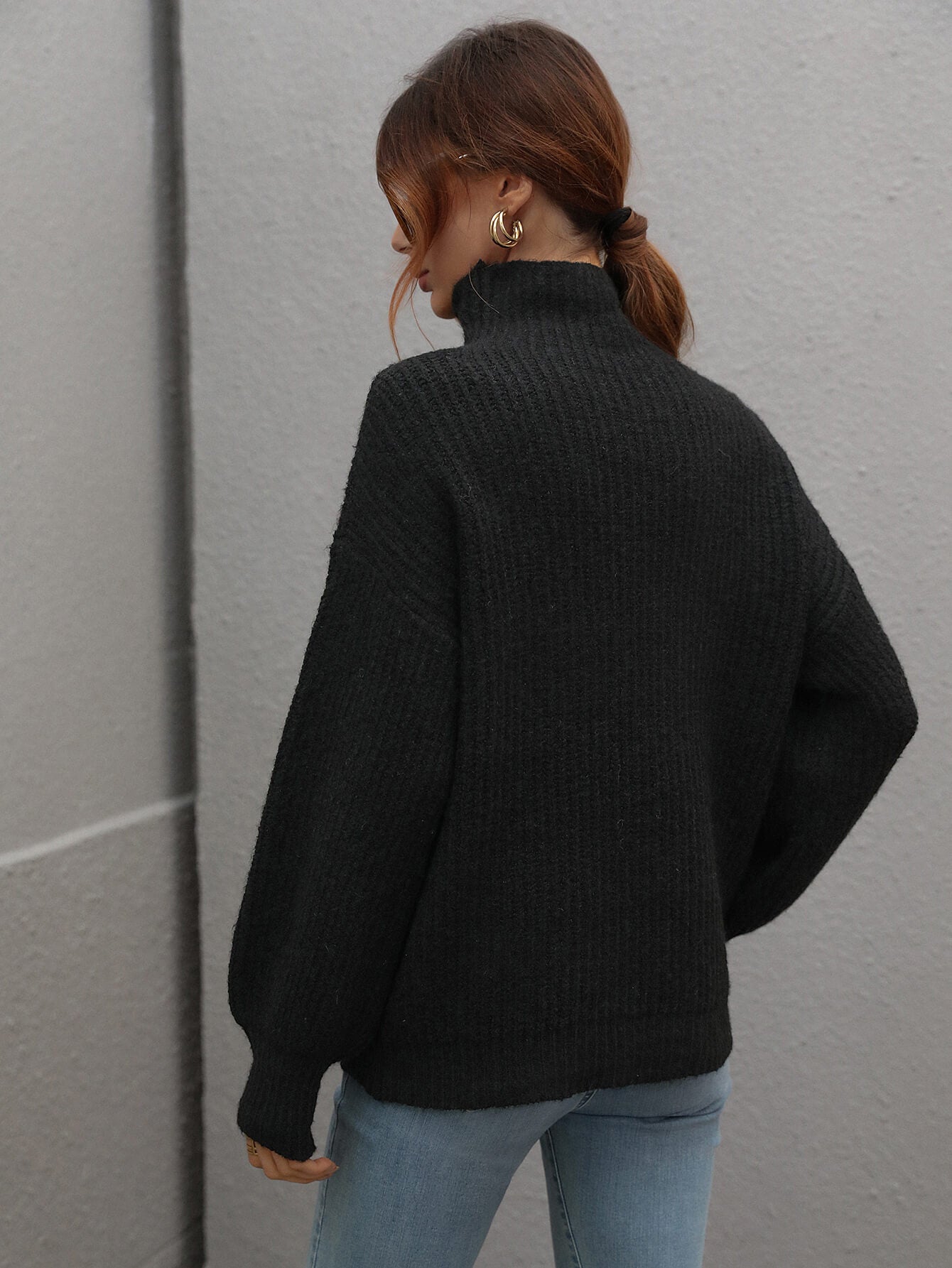 High Neck Balloon Sleeve Rib-Knit Pullover Sweater