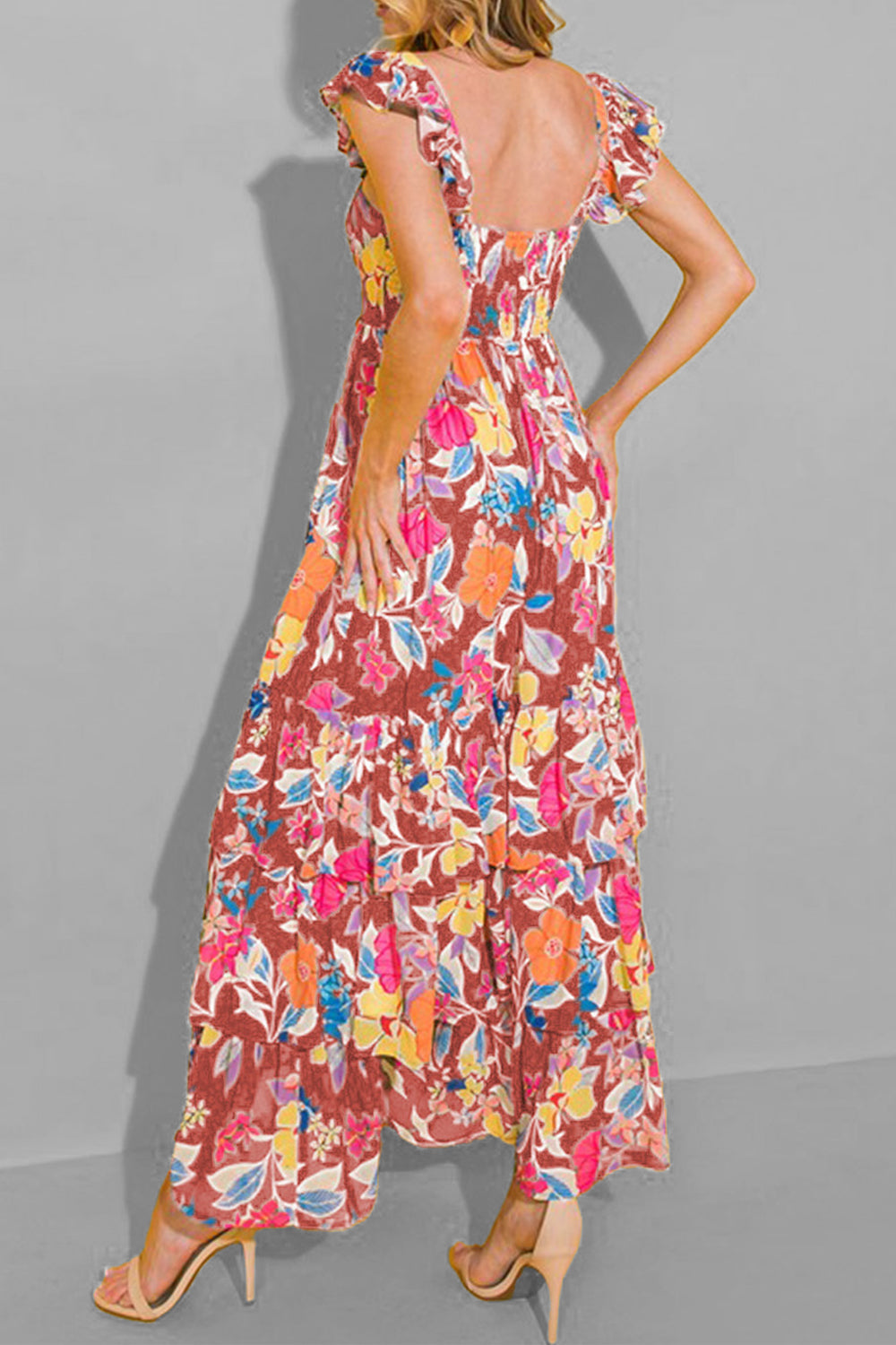 Serenity Tiered Ruffled Printed Sleeveless Dress.