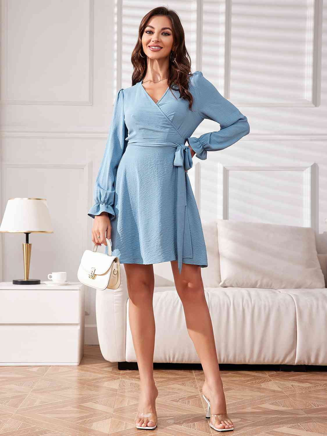 Surplice Neck Tied Flounce Sleeve Dress