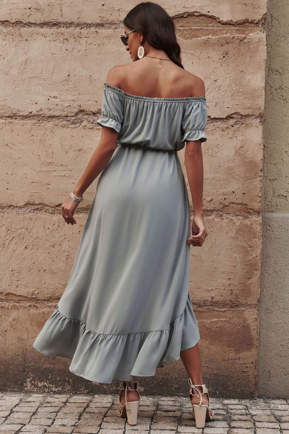 Off-Shoulder Drawstring Waist Ruffled Dress